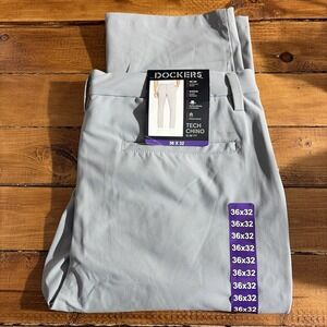 Dockers Tech Chino Pants Men 36x32 Gray Performance Slim Fit Wicking Stretch NEW